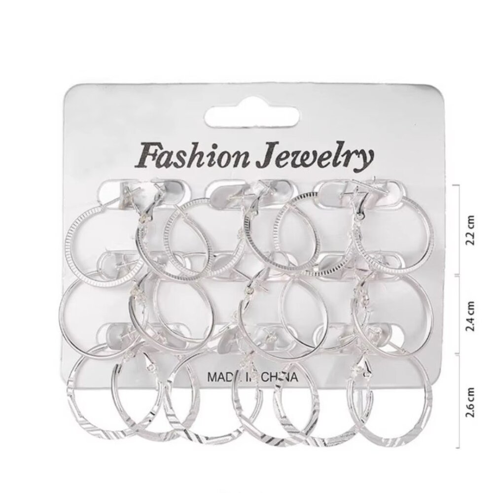 4308 NIP 9 Pair 1" Trendy Silvertone Hoops Punk Exaggerated Earrings Set Trendy